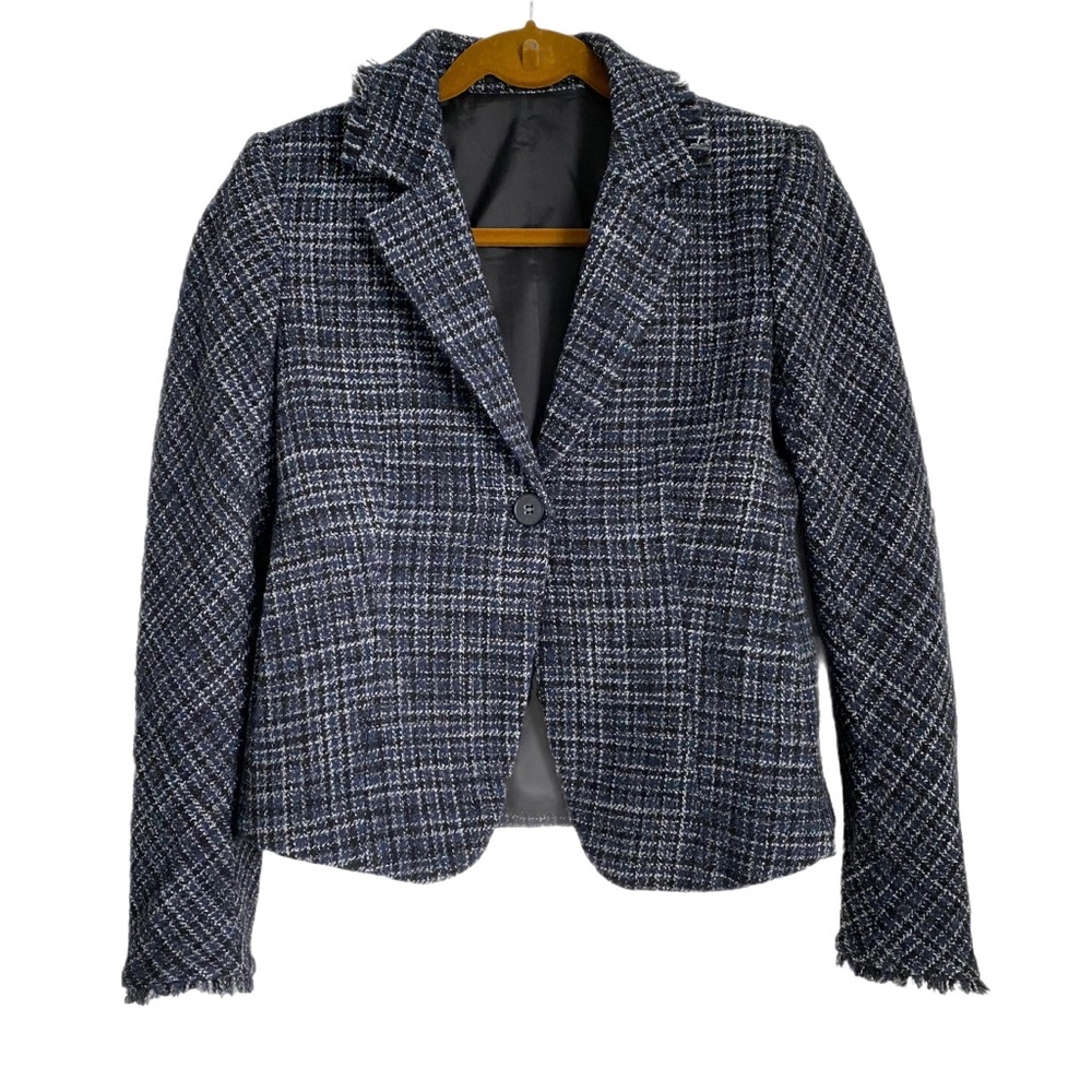 Theory Blue Tweed Lasel Wool Blazer Fringe size 4